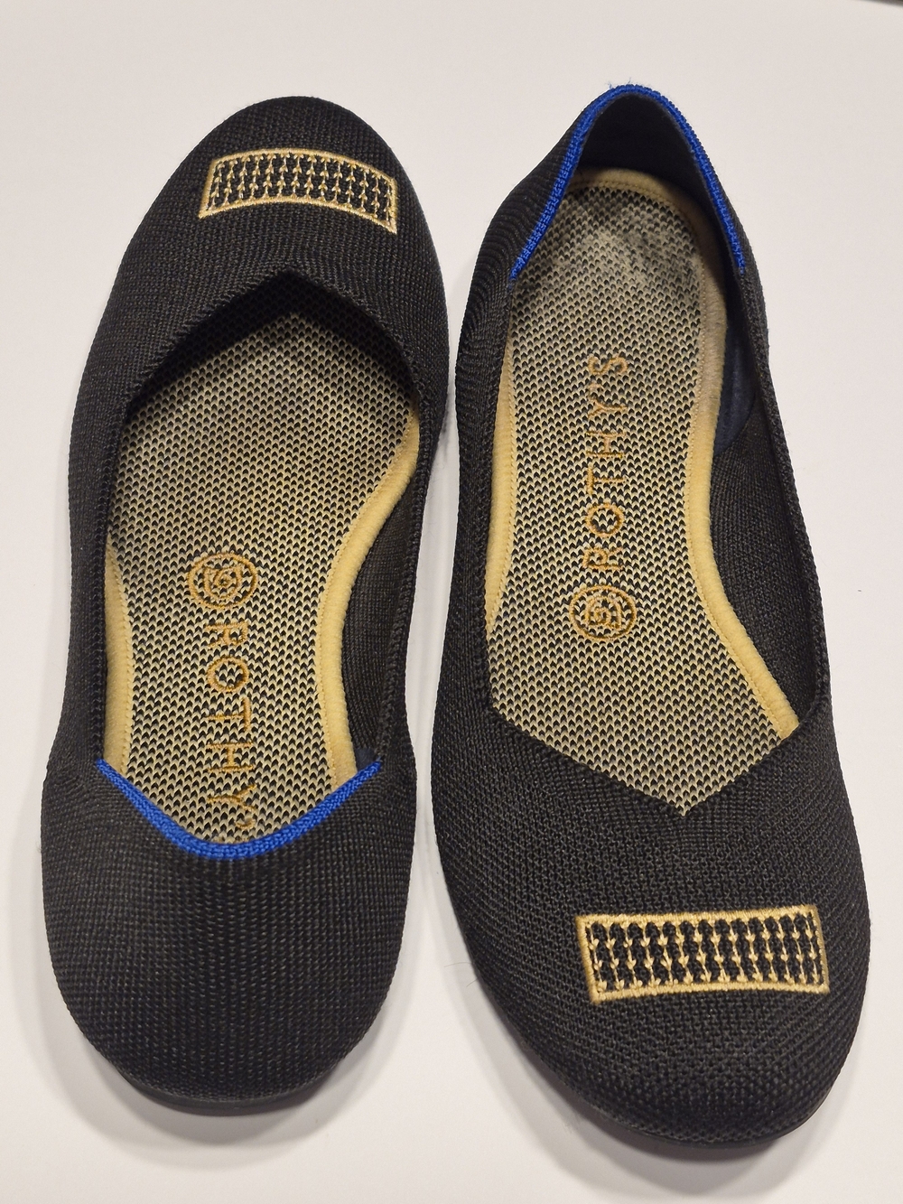 Rothy's Limited Edition Holiday Licorice with Gold Embroidery and Blue Trim *